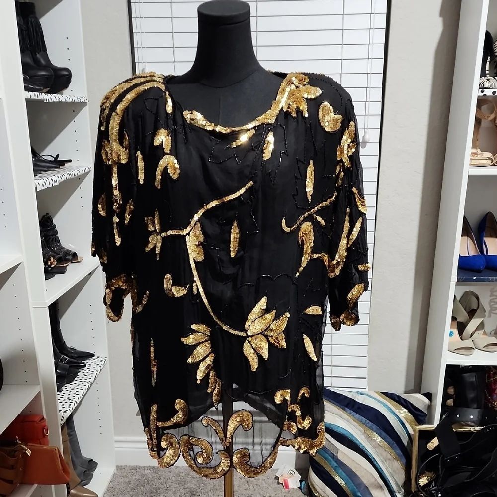 Black and Gold Embellished Oversized Blouse